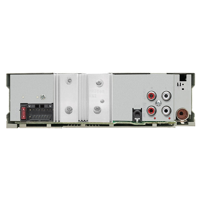 Bagsiden af JVC KD-X382BT bilradioen der viser tilslutninger og køleplade