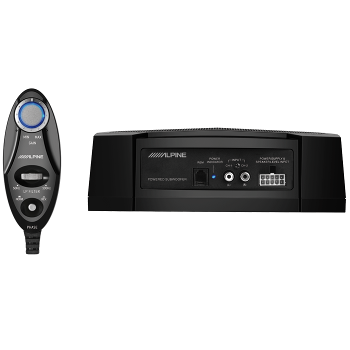 Alpine PWE-V80 aktiv subwoofer med fjernbetjening og tilslutninger