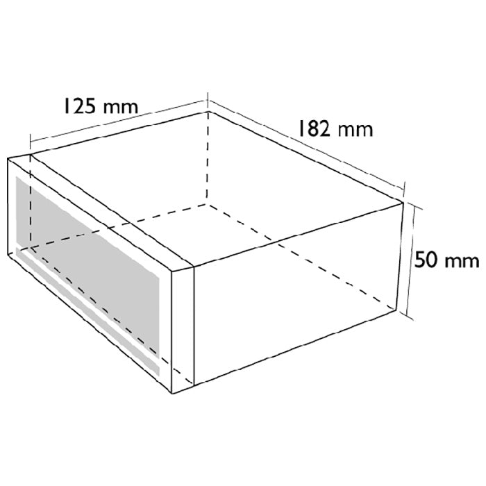 Dimensioner for Caliber RMD213 1-DIN bilradio: 125mm dyb, 182mm bred, 50mm høj