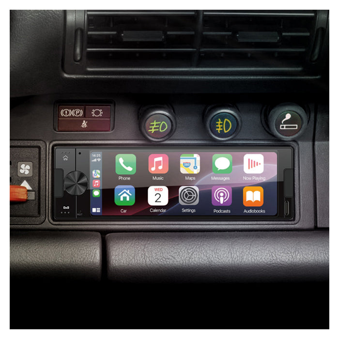 Ampire 1-DIN skærm med CarPlay og Android Auto i bilens dashboard