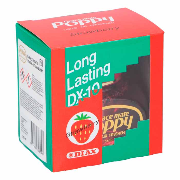 Poppy Grace Mate luftfrisker jordbær i æske med logo og advarsler