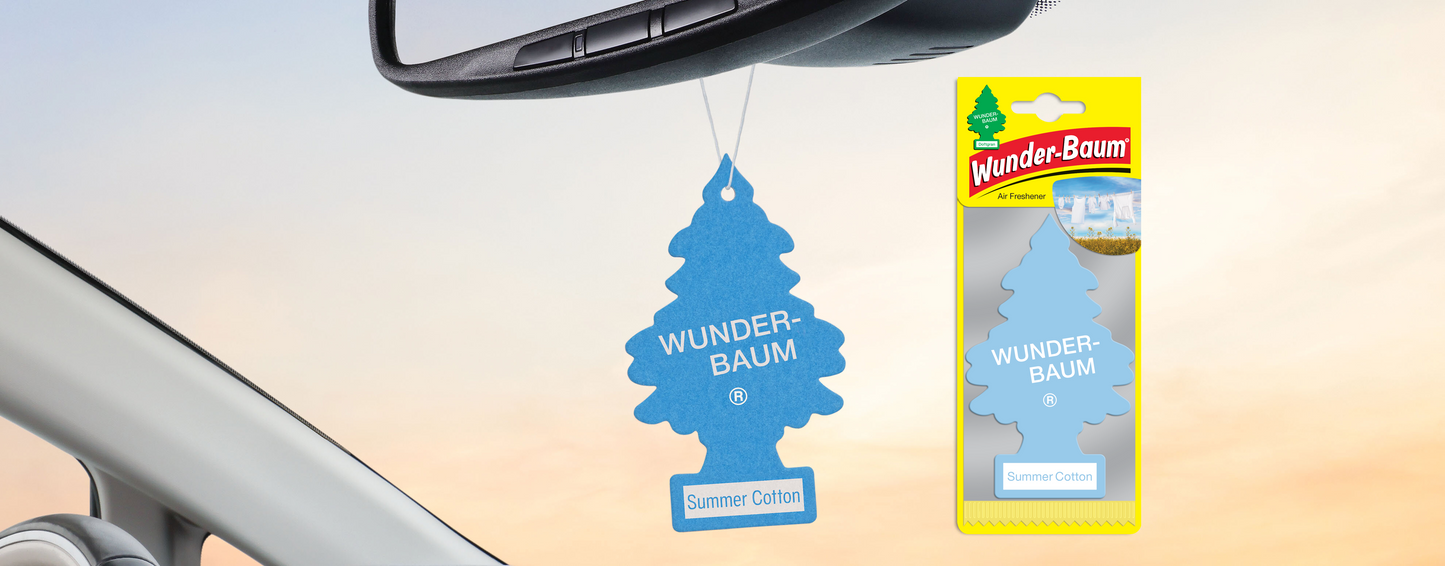 Wunder-Baum Summer Cotton duftfrisker i bil og i gul indpakning, klar til brug
