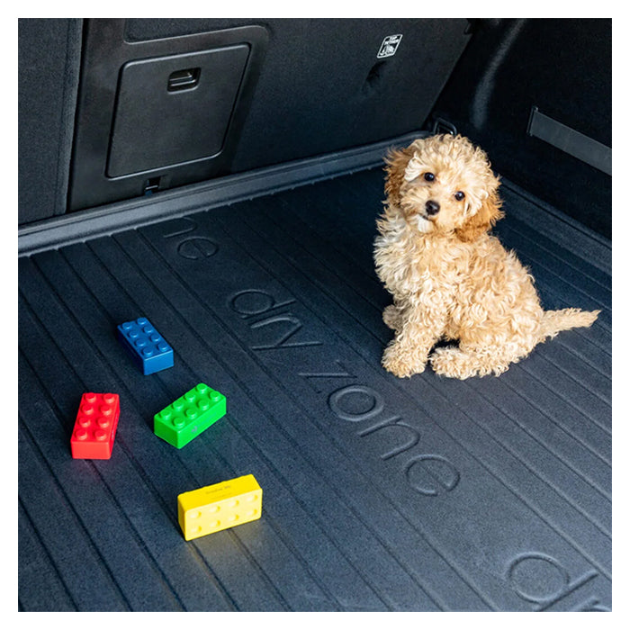 Hund og farverige klodser i Frogum bagagerumsbakke Jeep Compass II SUV