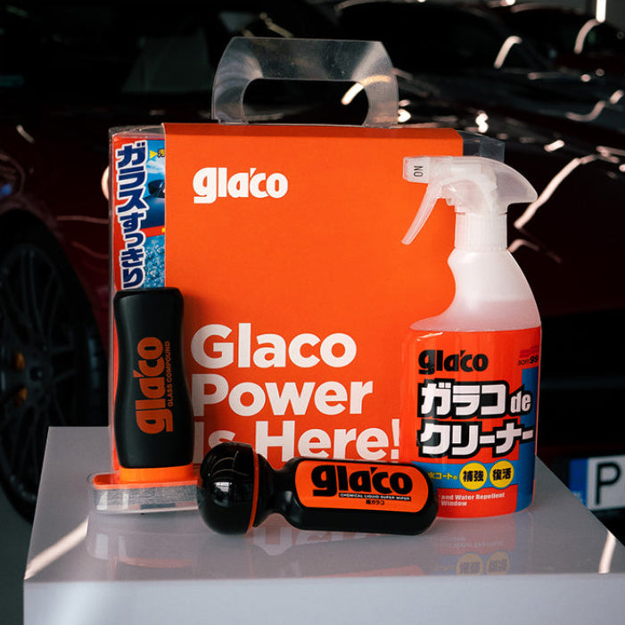 Soft99 Glaco glascoating-kit med Glass Compound Roll On, Ultra Glaco og De Cleaner