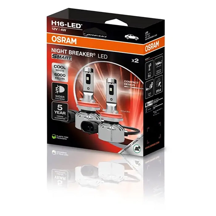 Osram Night Breaker Smart H16 LED-pærer, to styk i emballage med produktinformation.