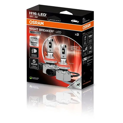 Osram Night Breaker Smart H16 LED-pærer, to styk i emballage med produktinformation.
