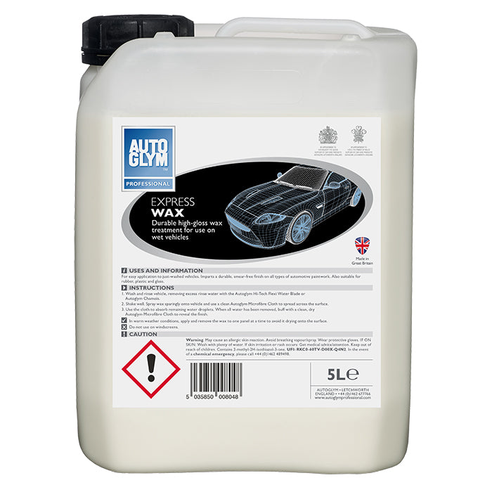 Autoglym Express Wax 5L flydende carnaubavoks beholder med et billede af en bil