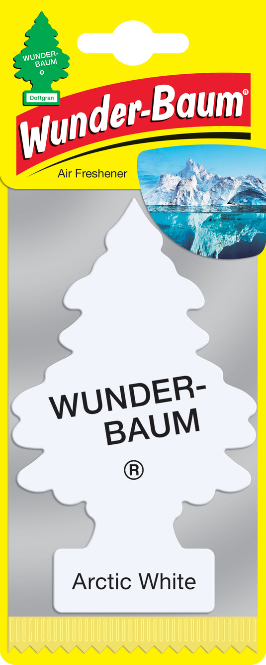 Wunder-Baum Arctic White duftfrisker i sin gule indpakning med isbjerg på billedet