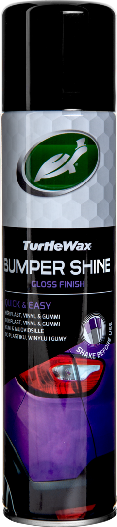 Turtle Wax Bumper Shine 300ml, bilplejeprodukt til plastik, vinyl og gummi i gloss finish.