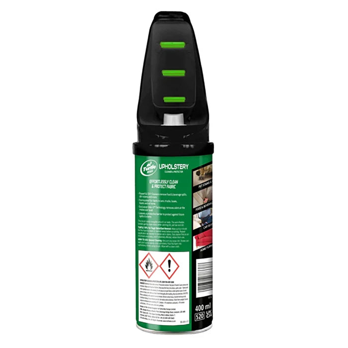 Turtle Wax Power Out Textile Clean & Protect 400ml bagside, fokus på tekst