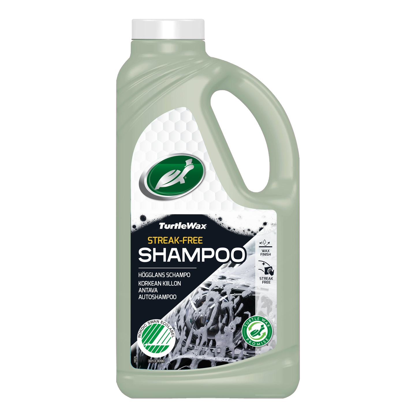 Turtle Wax Svanen biobaseret bilshampoo 1L flaske med skum og voksfinish.