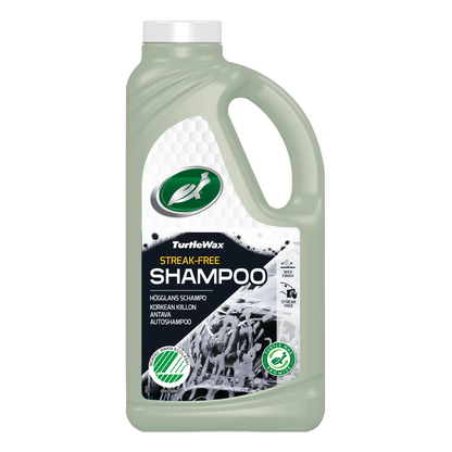 Turtle Wax Svanen biobaseret bilshampoo 1L flaske med skum og voksfinish.
