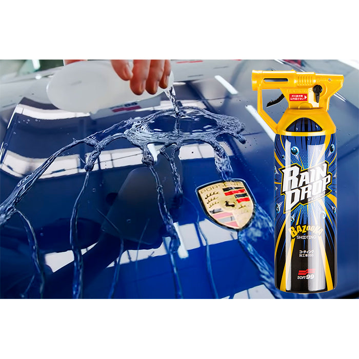 Soft99 Rain Drop Bazooka flaske på bil med vandperler