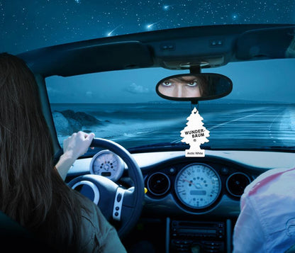 Wunder-Baum Arctic White duftfrisker hængende i bil ved havudsigt om natten