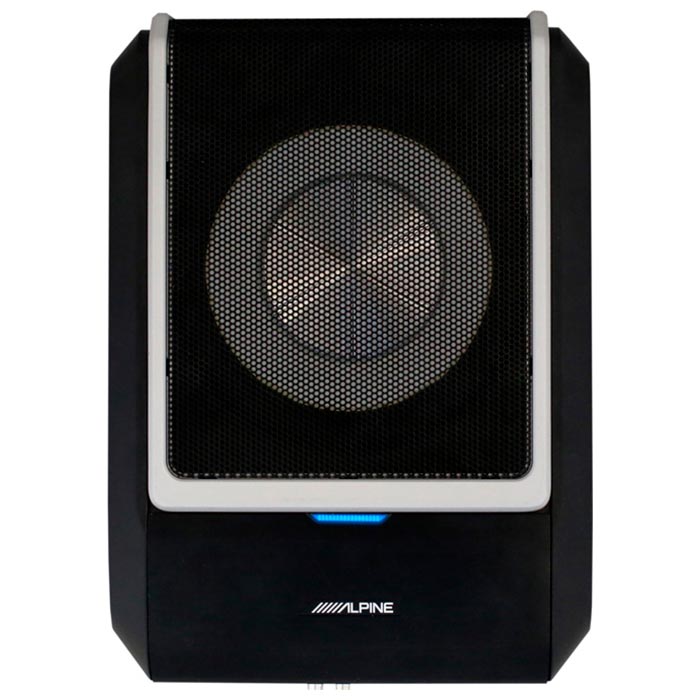 Alpine PWD-X5 DSP forstærker med aktiv subwoofer, sort frontgitter, blå indikatorlys