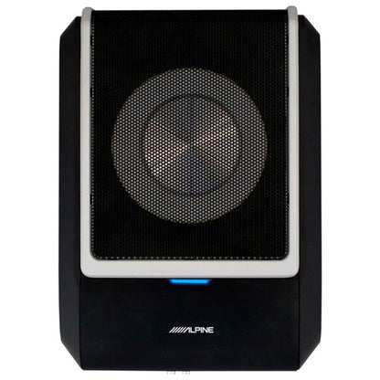 Alpine PWD-X5 DSP forstærker med aktiv subwoofer, sort frontgitter, blå indikatorlys