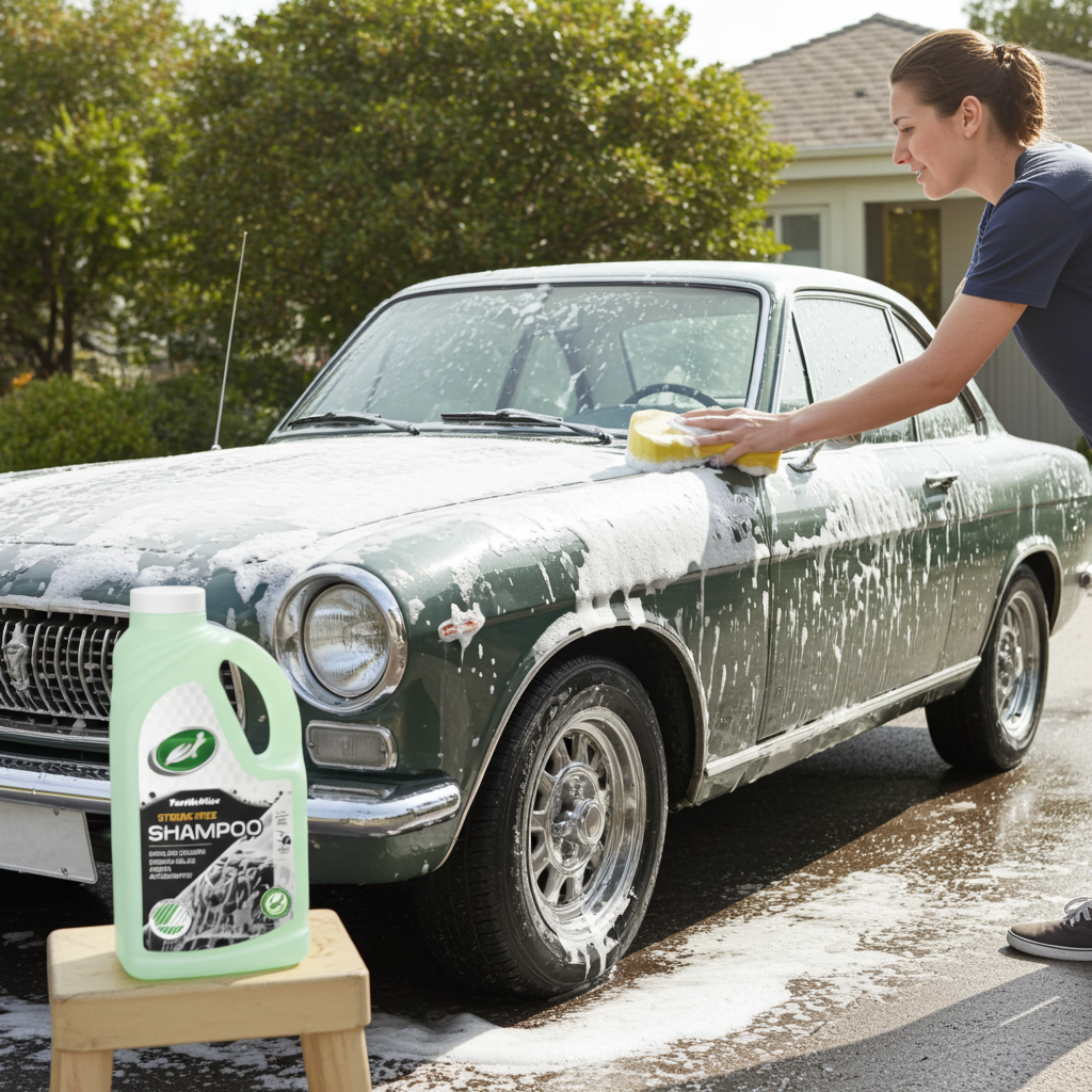 Kvinde vasker grøn bil med Turtle Wax Svanemærket biobaseret bilshampoo