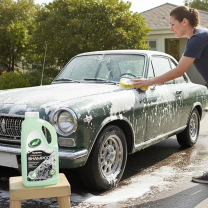 Kvinde vasker grøn bil med Turtle Wax Svanemærket biobaseret bilshampoo