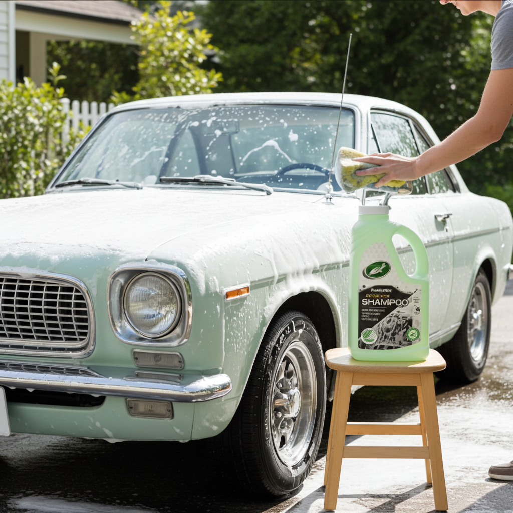 Person vasker en lysegrøn klassisk bil med Turtle Wax Svanen bilshampoo og svamp