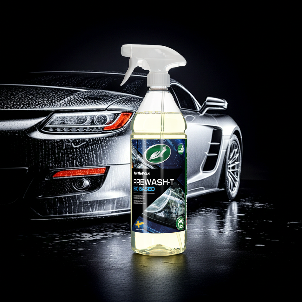 Turtle Wax Prewash-T BIO koldaffedtning flaske foran skinnende bil med skum