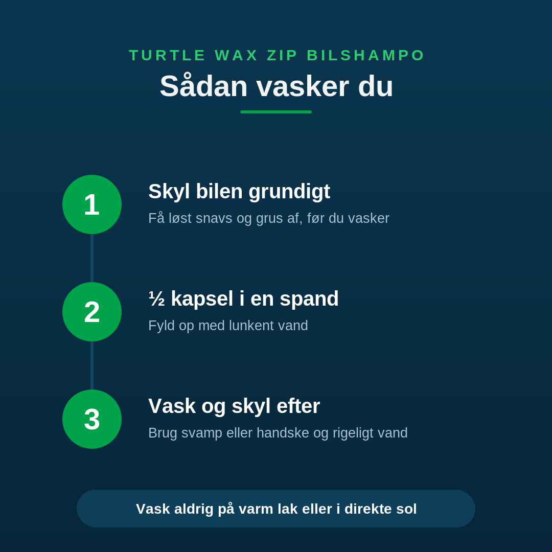 Sådan bruger du Turtle Wax ZIP bilshampo i tre trin: skyl bilen, en halv kapsel i en spand vand, vask og skyl efter