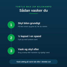 Sådan bruger du Turtle Wax ZIP bilshampo i tre trin: skyl bilen, en halv kapsel i en spand vand, vask og skyl efter